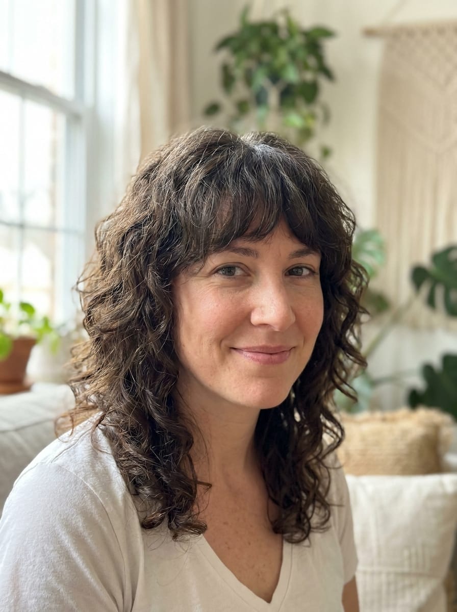 Mittellange Locken mit Pony - Locken Frisur mittellang